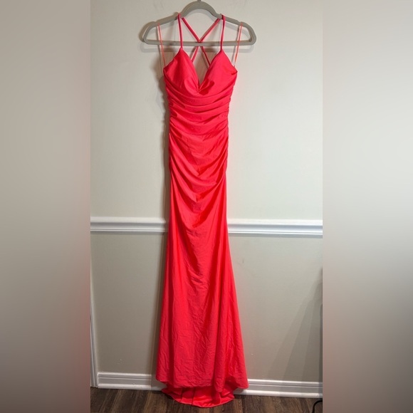 La Femme 29020 Plunging V-neck Ruched Prom Sheath Dress Neon Coral 0 - Picture 5 of 14